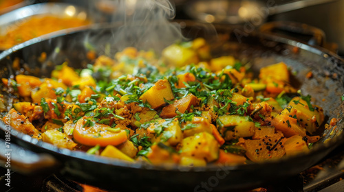 Authentic bangladeshi dish cooked with vibrant spices and herbs, steaming in a pan