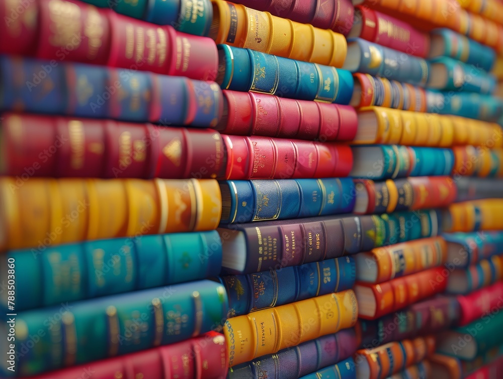 A wall of old books with red, blue, green, and yellow spines.