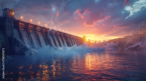 A hydroelectric dam at sunset with a stormy sky