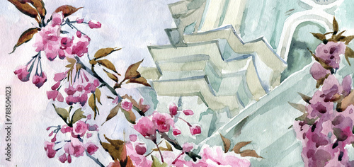 Watercolor with sakura flowers of pink color on a sunny backdrop.