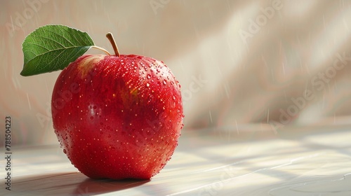 A single red apple with a green leaf on a wooden table. The apple is wet and there is water on the table. photo