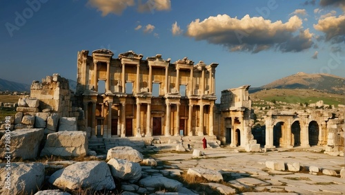 Ancient Roman arch ruins against mountains