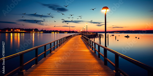 Pier on the seashore in the evening  clear water  deep blue color  beautiful view of the harbor