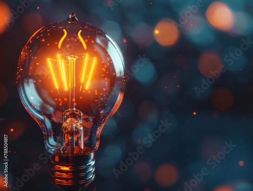 Light bulb with glowing orange filament on dark blue background with orange and yellow bokeh.