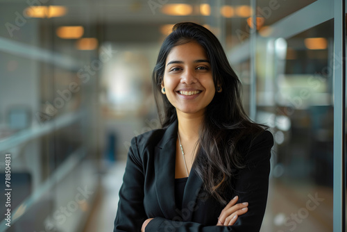 Smiling Asian Young female professional businessman leader standing in the modern glass office and digital smart entrepreneur