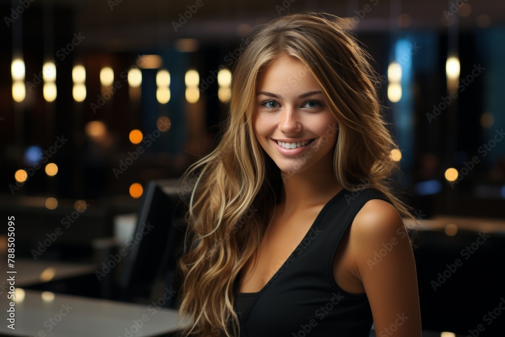A stylishly dressed woman receives information from a hotel receptionist. A stylishly dressed woman receives information from a hotel receptionist.