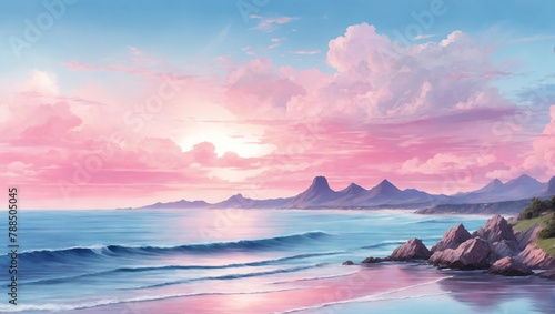 A beach scene with pink clouds and blue water.