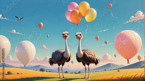 Cartoon ostrich with balloons