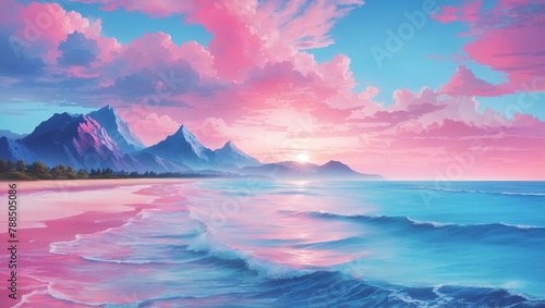 A beach scene with pink clouds and blue water.