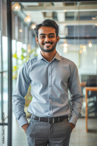 Smiling Asian Young male professional businessman leader standing in the modern glass office and digital entrepreneur. 