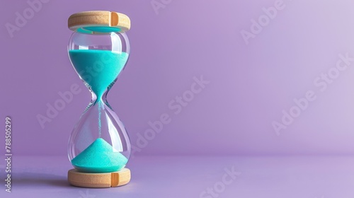 An hourglass with blue sand on a purple background.