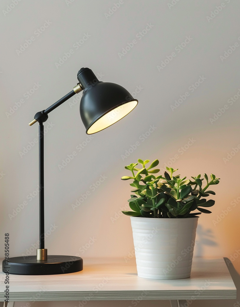A black table lamp with an antique brass finish is placed on the table and next to it is an indoor plant grown in white pot. A black table lamp with an antique brass finish is placed on the table and next to it is an indoor plant grown in white pot.