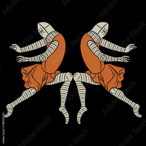 Symmetrical design with two medieval soldiers in dynamic pose. On black background.