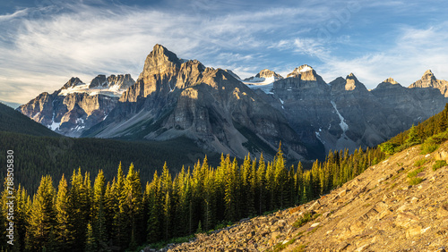 Epic panorama view at sunrise of scenic alpine landscape of The Valley of the 10 Peaks in the Rocky Mountains of Banff National Park, Alberta, Canada.