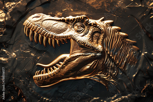 Striking metallic gold Tyrannosaurus emblem, symbolizing opulence and success. © Ali