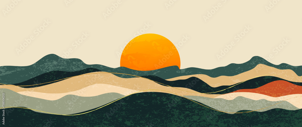 Abstract mountain landscape background, Nature wall decor, art print, minimalist panorama hill, adventure and travel view design. Vector illustration