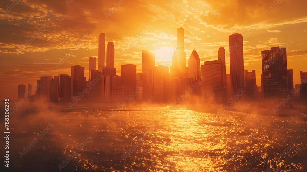 Melting Cityscape under Scorching Sun: A Global Warming Perspective - obrazy, fototapety, plakaty 