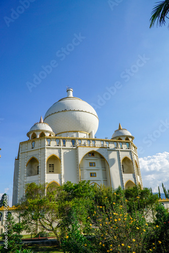 Cundinamarca, Colombia. April 13, 2024. Jaime Duque park near Bogota with a copy of the Taj mahal, ancyent seven wonders and lakes