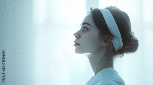 Nurse in profile, standing strong against a stark white light, clean lines and minimalistic heroism photo