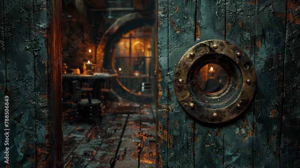 Old speakeasy door with a peephole, shot from inside showing a dimly ...