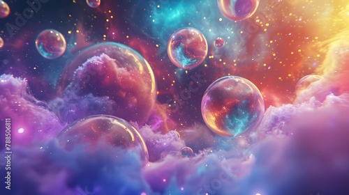 Three-Dimensional Abstract Spheres Floating in a Multicolor Nebula, Exuding Soft Light and Radiating Depth