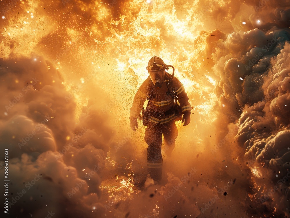 Firefighter exiting flames, low angle shot emphasizing stature, backlit by fire, smoke swirling Firefighter exiting flames, low angle shot emphasizing stature, backlit by fire, smoke swirling
