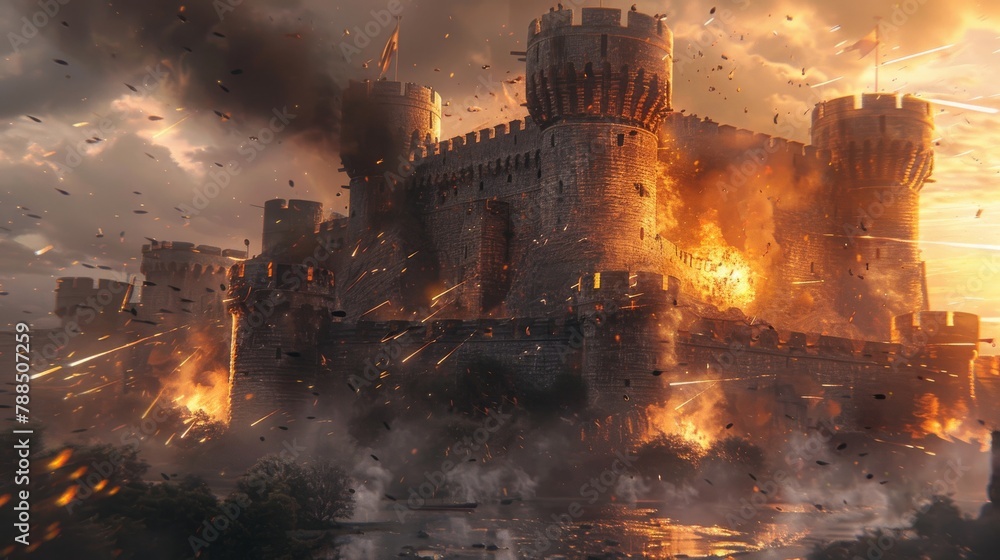 A medieval castle siege with catapults launching fiery projectiles at dusk