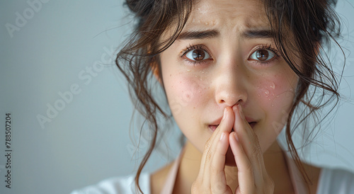 Close-up portrait of a young woman with teary eyes and hands clasped near her mouth, showing a strong emotional expression.