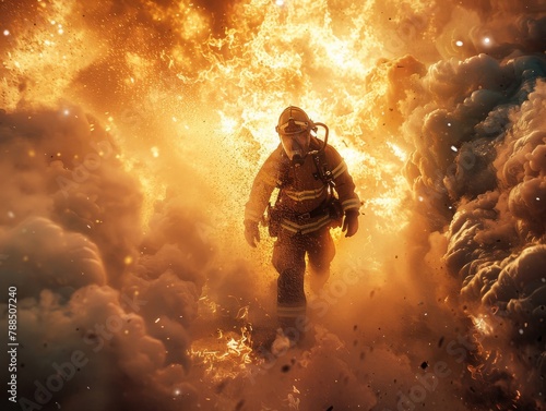 Firefighter exiting flames, low angle shot emphasizing stature, backlit by fire, smoke swirling