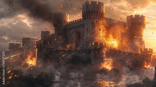 A medieval castle siege with catapults launching fiery projectiles at dusk photo