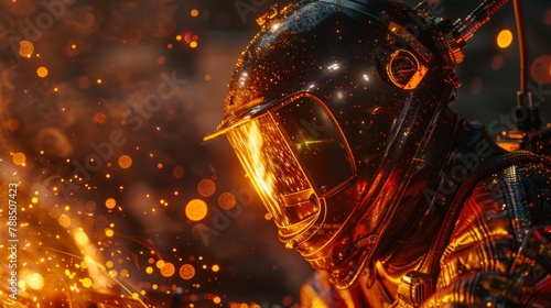 Welder in protective gear under the harsh glow of a welding torch, sparks flying, close up photo