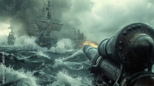 Pirate Ship Battle   Cannons firing amidst rolling waves, stormy sky overhead photo