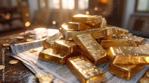 Pile of gold bars and financial newspapers spread out on an oak table, early morning light photo