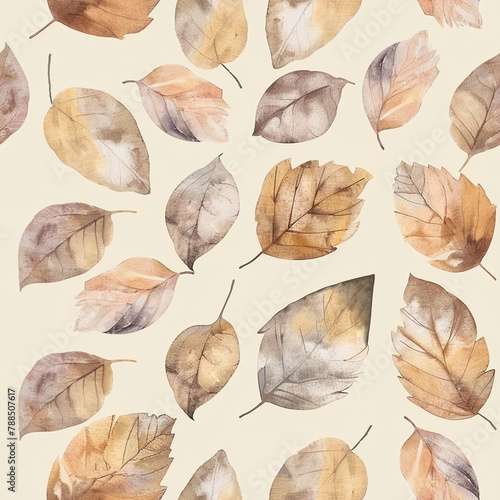 Seamless texture depicted in watercolor. The image presents tree branches and leaves in natural tones. Can be used on fabric, paper and other products.