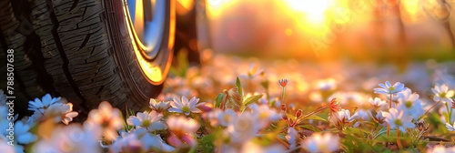 Closeup of car tires on the road with spring flowers in a blossoming meadow at sunset. Spring background, copy space concept. banner for a holiday travel or summer vacation 