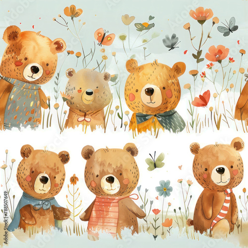 Boho scaninavian bears in forest seamless pattern photo