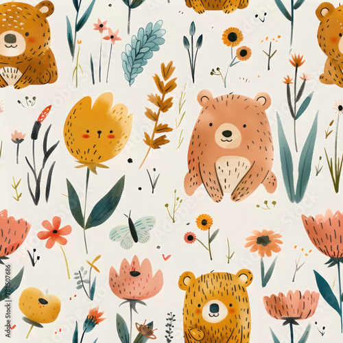 Boho scaninavian bears in forest seamless pattern photo