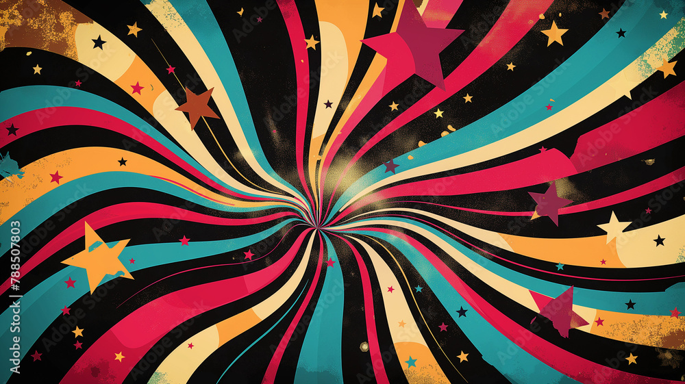 Rotating lines, stars, sparkles designed in pop art style for bar wall. Real bar dark background in pop art retro comic style. Rotating lines, stars, sparkles designed in pop art style for bar wall. Real bar dark background in pop art retro comic style.