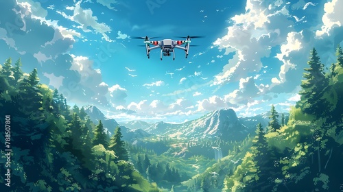Aerial Drone Capturing Panoramic View of Rugged Mountain Landscape with Dense Evergreen Forest and Cloudy Sky photo