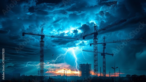 Towering cranes against a stormy sky, vibrant lightning in the background, bold contrast