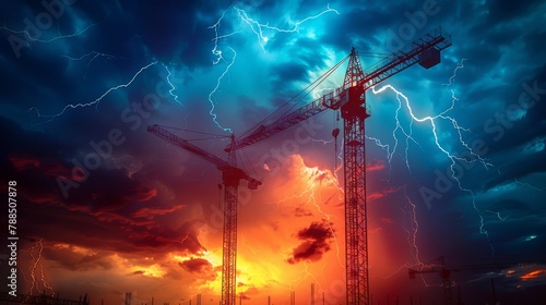 Towering cranes against a stormy sky, vibrant lightning in the background, bold contrast