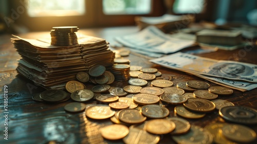 Aerial view of scattered Euro coins and bills on a rustic wooden table, soft morning light photo