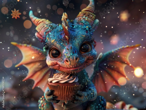 Little dragon with a cupcake, created in vibrant vector art, magical stars and whimsical color palette