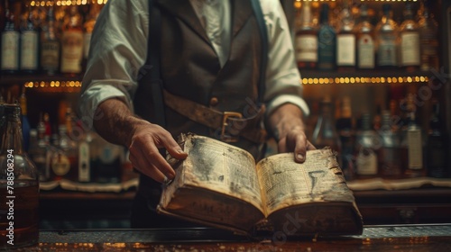 Bartender in period attire pulling a classic cocktail book from a dusty shelf behind the bar, dim lighting