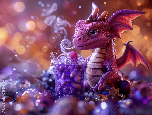 Baby dragon blowing playful smoke rings into a lavender bubble tea, nestled on a pile of glittering treasures © Pornarun