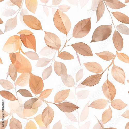 Seamless texture depicted in watercolor. The image presents tree branches and leaves in natural tones. Can be used on fabric, paper and other products.