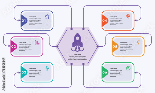 Infographic template. 6 steps that are related to each other. You can use the template to display your steps in electronic or printable format.