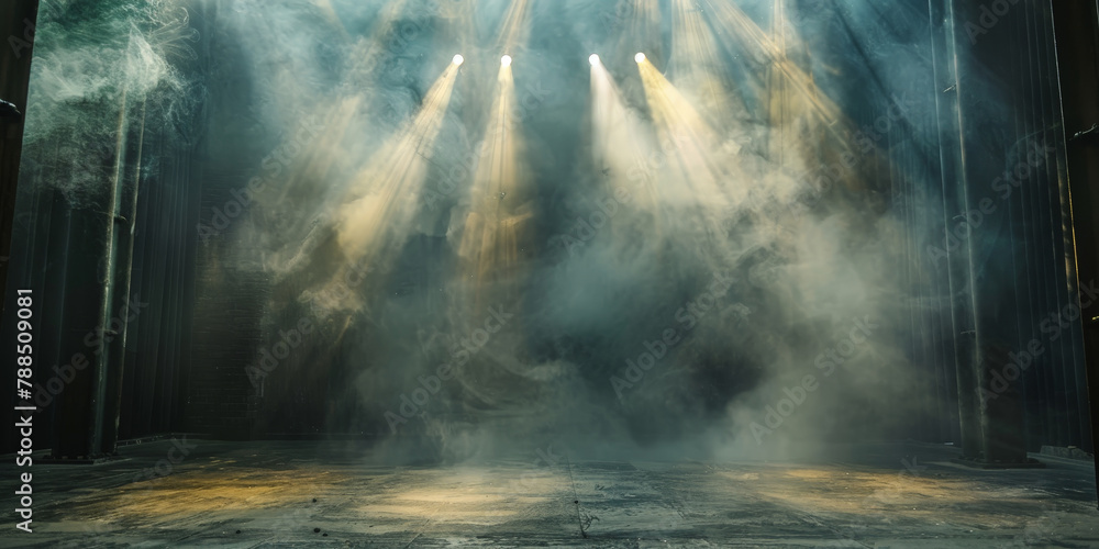  empty dark stage with spotlights , fog and smoke in the air, for opera performance. Stage lighting. Empty stage with bright colors backdrop decoration. Entertainment. empty theater stage with light