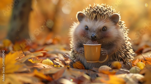 Cheerful hedgehog enjoying a chocolate bubble tea, nestled in autumn leaves, snug and satisfied