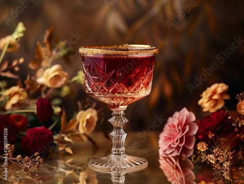 Sumptuous shot of a gold rimmed cocktail glass filled with a rich burgundy drink, elegant floral arrangement beside photo